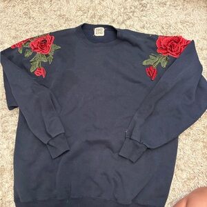 Navy Sweatshirt with Red Rose Embroidery